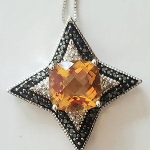 10k Star Design Madeira Citrine Pendant with Black & White Diamonds w/ Chain